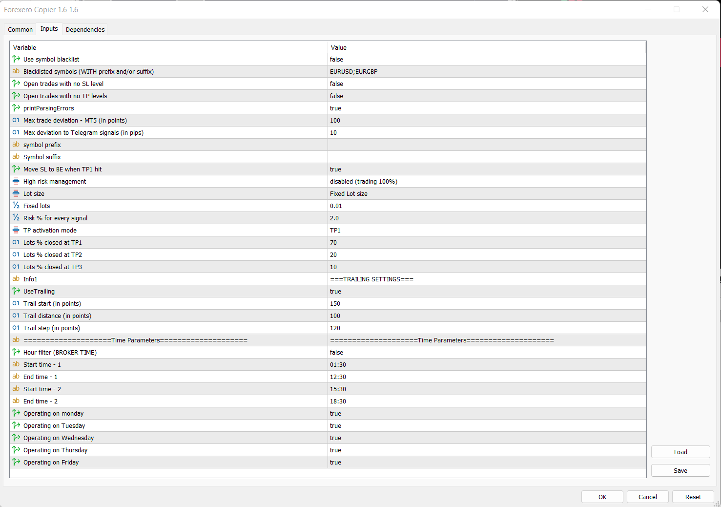 Forexero Copier input parameters panel